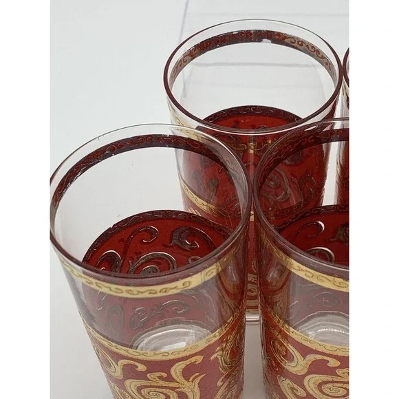 Culver ltd MCM Red 22K Gold Swirl Set of 6 Leaf Scroll Baroque High Ball Glasses - Picture 16 of 16